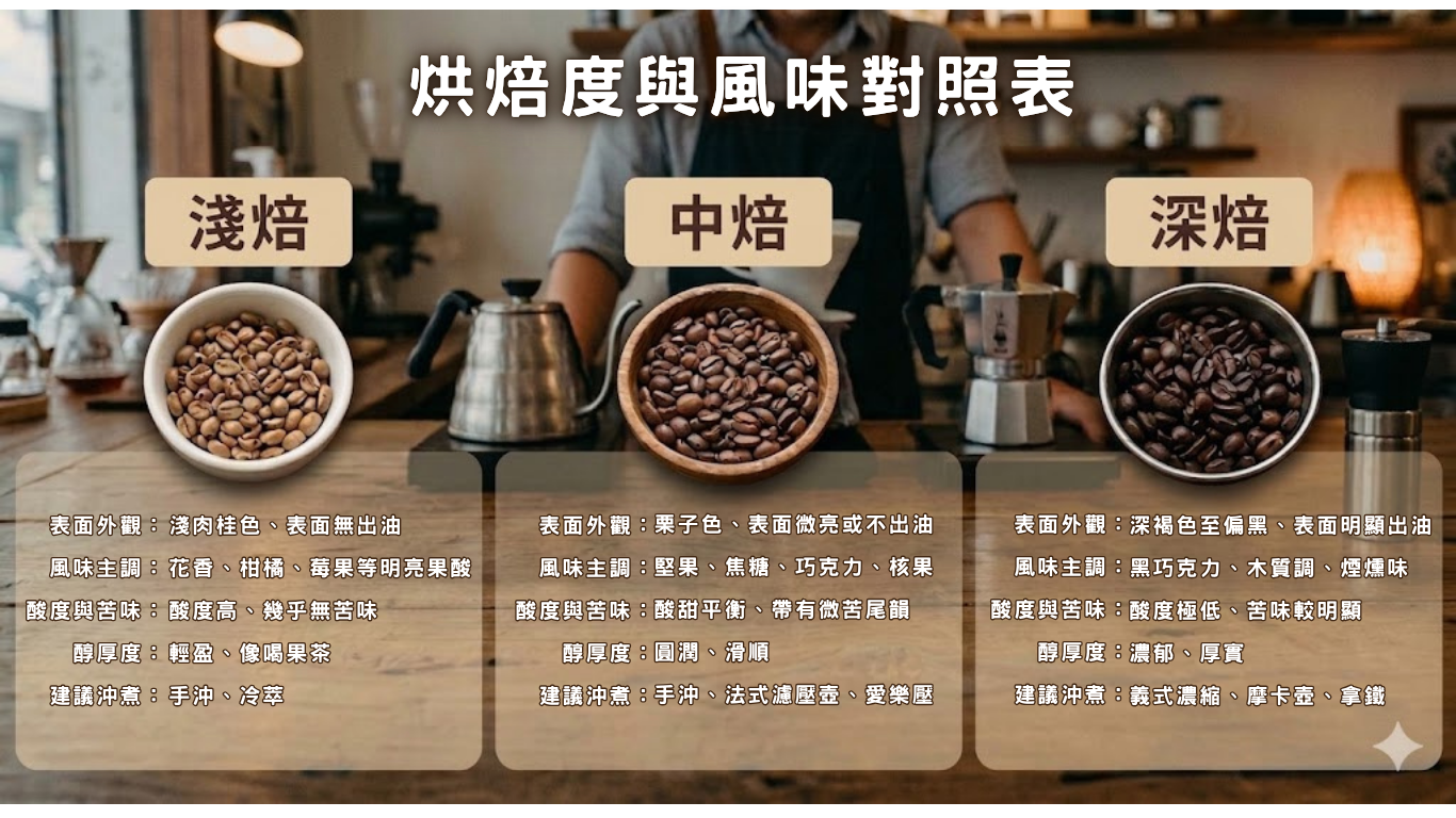 咖啡烘焙度與酸度、苦味、風味的對照圖