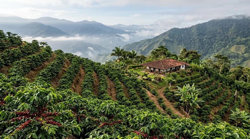 哥倫比亞安地斯山坡上的咖啡園,成排咖啡樹結著紅色咖啡櫻桃,遠處是雲霧繚繞的山谷與農舍