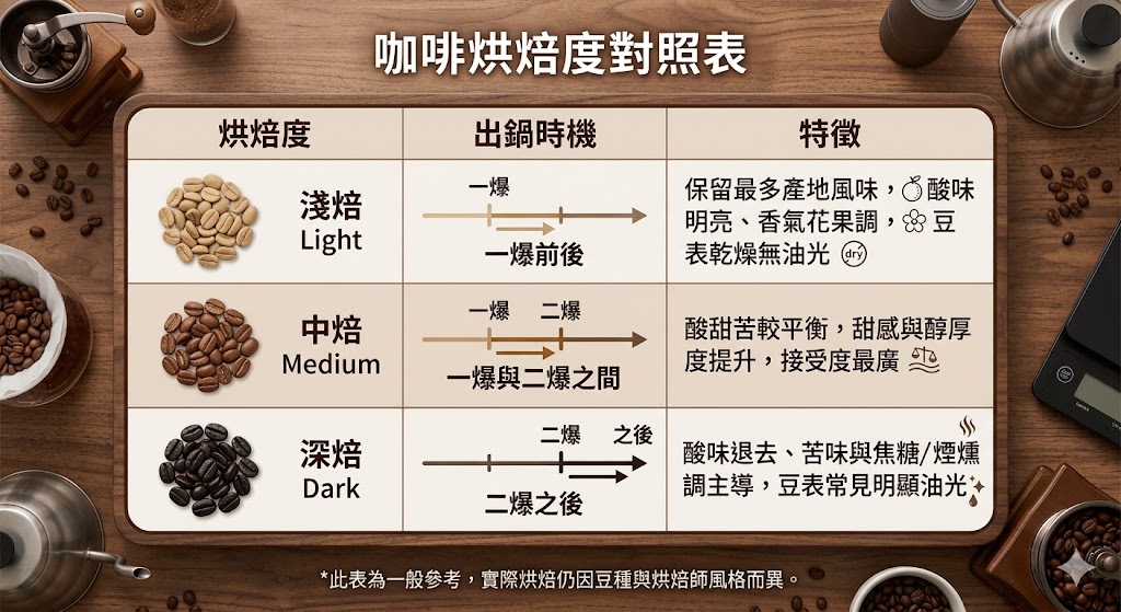 淺焙、中焙、深焙咖啡豆的外觀與顏色對照